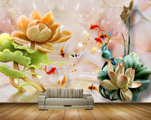 Avikalp MWZ0220 Orange Flower Fishes Birds HD Wallpaper