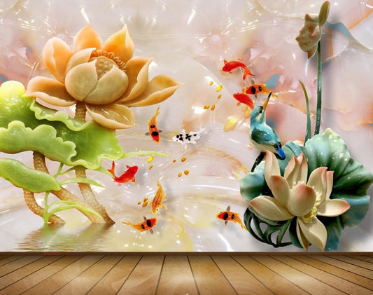 Avikalp MWZ0220 Orange Flower Fishes Birds 3D HD Wallpaper