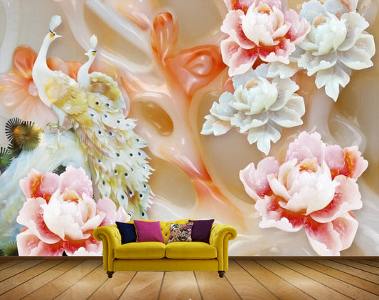 Avikalp MWZ0223 Peacocks White Red Flowers HD Wallpaper