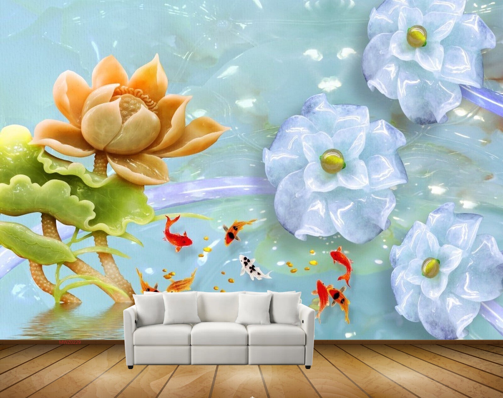 Avikalp MWZ0229 Orange  Blue Flowers Leaves Fishes 3D HD Wallpaper Avikalp MWZ0229 Orange  Blue Flowers Leaves Fishes 3D HD Wallpaper