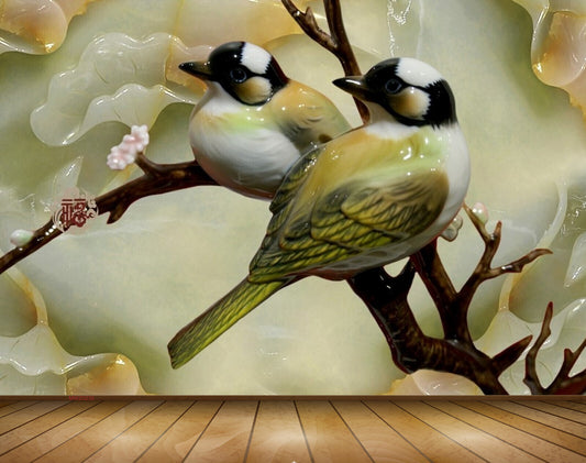 Avikalp MWZ0235 White Black Green Birds Branches 3D HD Wallpaper