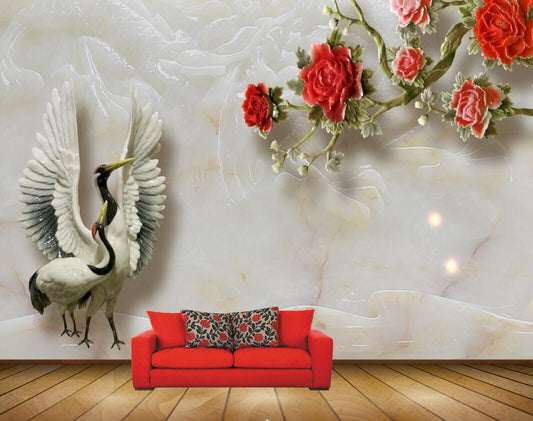 Avikalp MWZ0237 Red Flowers Branches White Black Swans HD Wallpaper