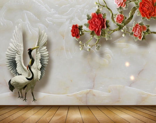 Avikalp MWZ0237 Red Flowers Branches White Black Swans 3D HD Wallpaper