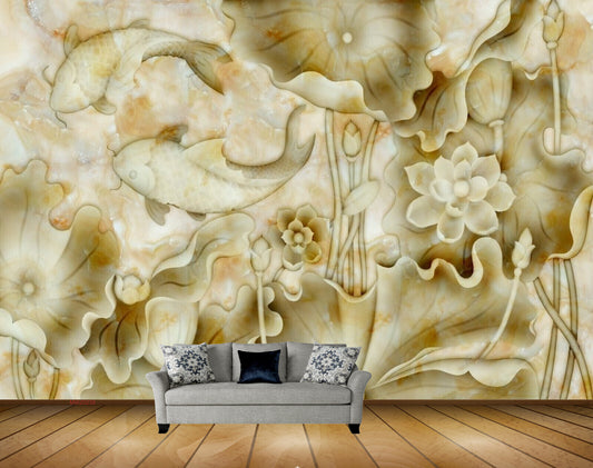 Avikalp MWZ0238 White Green Fishes Flowers Leaves HD Wallpaper