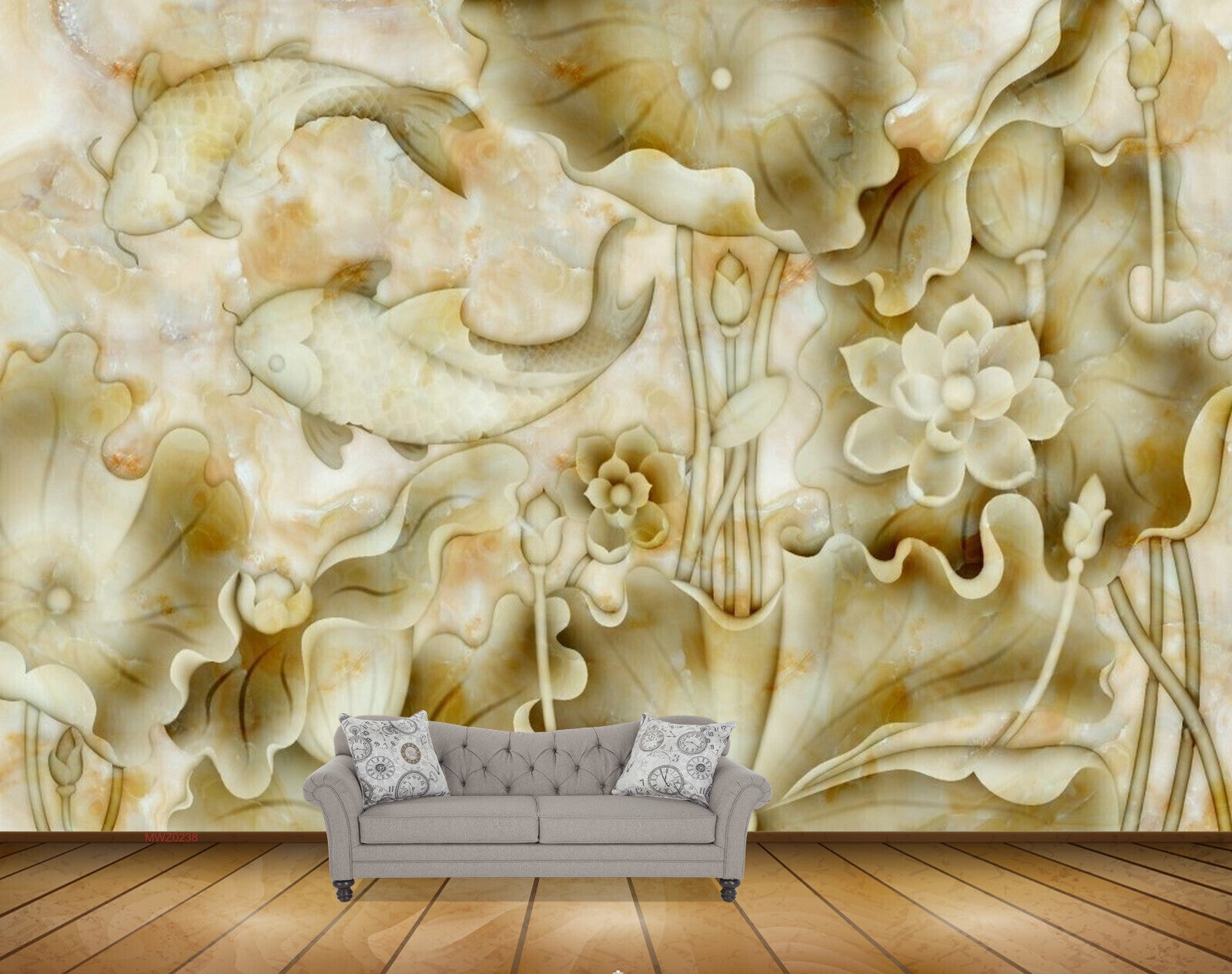 Avikalp MWZ0238 White Green Fishes Flowers Leaves 3D HD Wallpaper Avikalp MWZ0238 White Green Fishes Flowers Leaves 3D HD Wallpaper