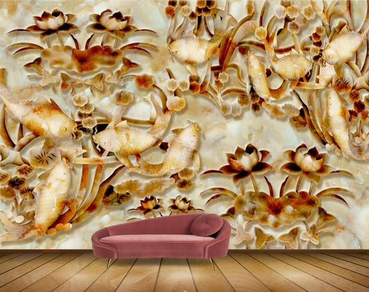 Avikalp MWZ0239 White Orange Flowers Fishes HD Wallpaper