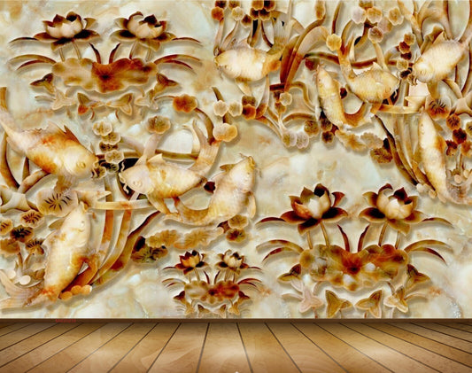 Avikalp MWZ0239 White Orange Flowers Fishes 3D HD Wallpaper