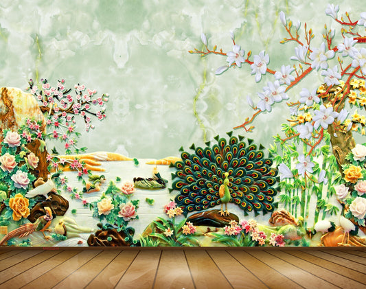 Avikalp MWZ0248 Peacock Ducks Swans Birds White Flowers Butterflies 3D HD Wallpaper