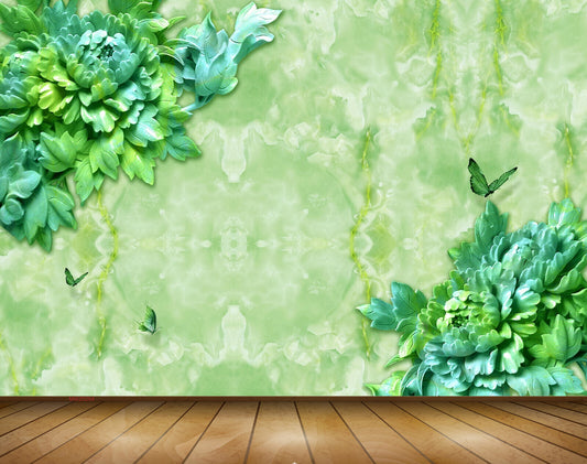 Avikalp MWZ0264 Green Blue Flowers Creepers Butterflies 3D HD Wallpaper