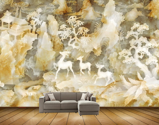 Avikalp MWZ0270 White Deers Orange Plants House HD Wallpaper