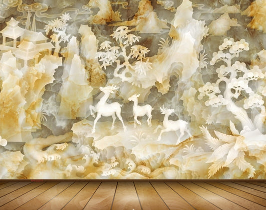 Avikalp MWZ0270 White Deers Orange Plants House 3D HD Wallpaper