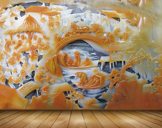 Avikalp MWZ0278 Orange White Bridge Horses Trees Boats 3D HD Wallpaper