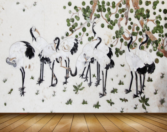 Avikalp MWZ0279 Black White Swans Leaves Tree 3D HD Wallpaper