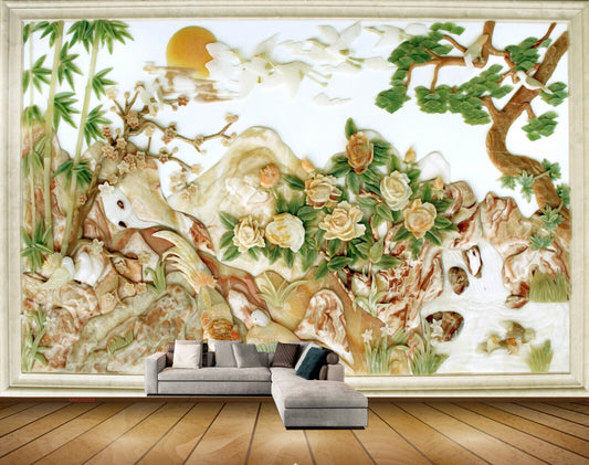 Avikalp MWZ0282 Orange FLowers Trees Birds Sun Fishes HD Wallpaper