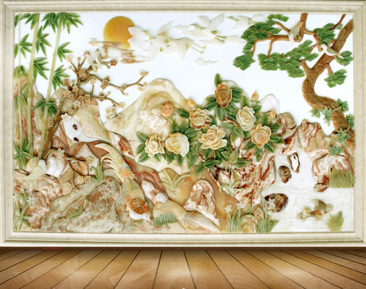 Avikalp MWZ0282 Orange FLowers Trees Birds Sun Fishes 3D HD Wallpaper