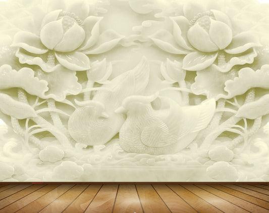 Avikalp MWZ0287 White Flowers Birds Plants Stones 3D HD Wallpaper