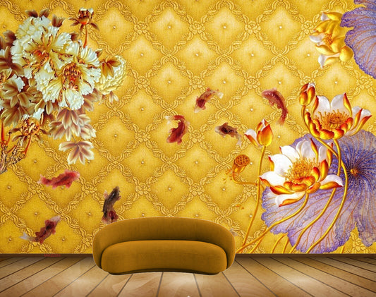 Avikalp MWZ0303 Yellow Orange Purple Flowers Fishes HD Wallpaper