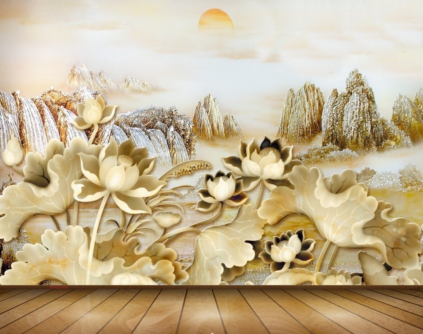 Avikalp MWZ0306 Green Lotus Flowers Mountains Sun 3D HD Wallpaper Avikalp MWZ0306 Green Lotus Flowers Mountains Sun 3D HD Wallpaper