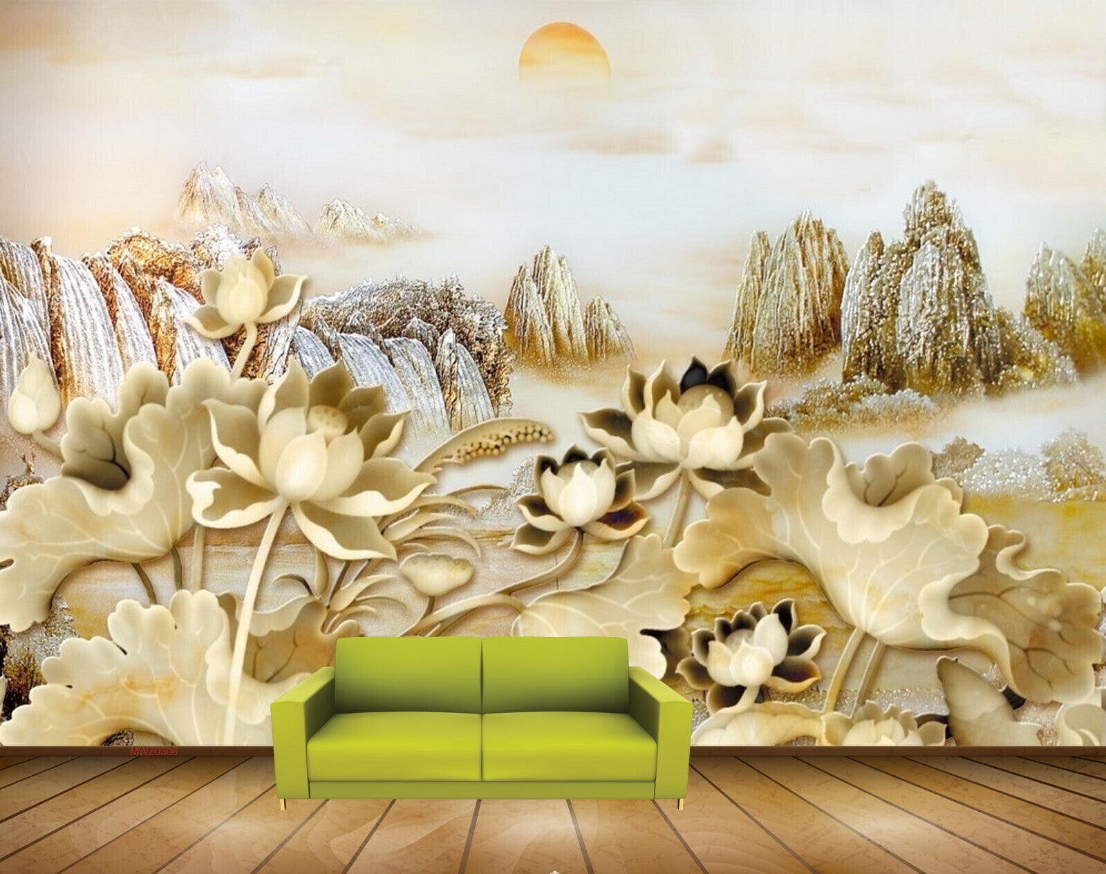 Avikalp MWZ0306 Green Lotus Flowers Mountains Sun 3D HD Wallpaper Avikalp MWZ0306 Green Lotus Flowers Mountains Sun 3D HD Wallpaper