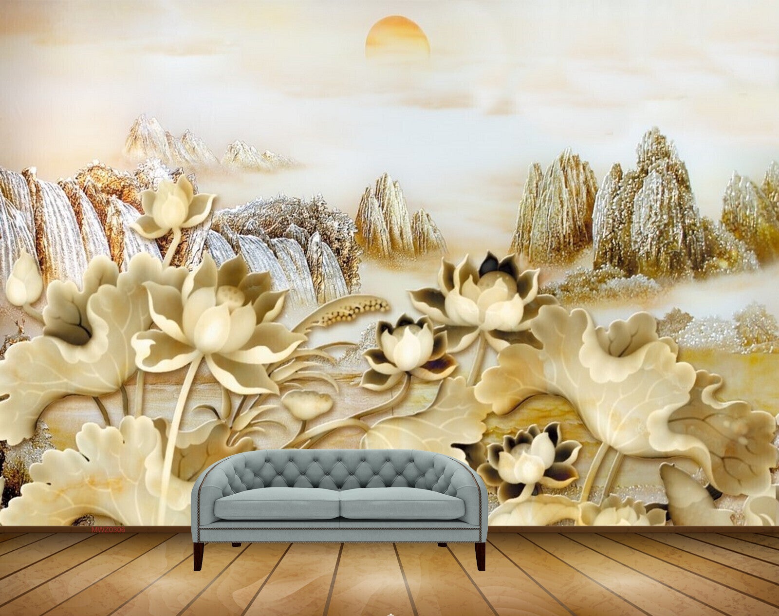 Avikalp MWZ0306 Green Lotus Flowers Mountains Sun 3D HD Wallpaper Avikalp MWZ0306 Green Lotus Flowers Mountains Sun 3D HD Wallpaper