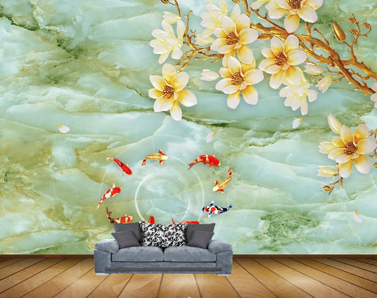 Avikalp MWZ0308 White Orange Flowers Fishes Tree HD Wallpaper