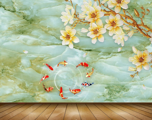 Avikalp MWZ0308 White Orange Flowers Fishes Tree 3D HD Wallpaper