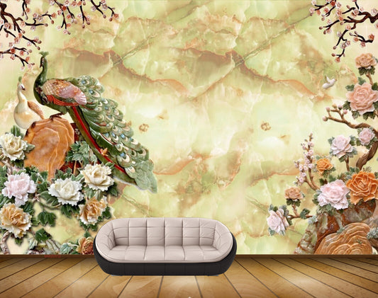 Avikalp MWZ0312 Peacocks Orange Pink Flowers Trees HD Wallpaper