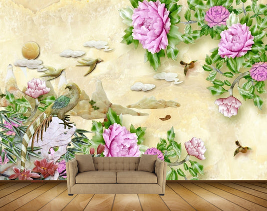 Avikalp MWZ0313 Pink Flowers Birds Sun Leaves HD Wallpaper