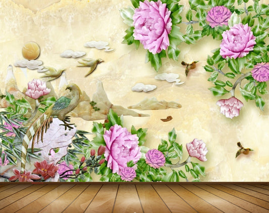 Avikalp MWZ0313 Pink Flowers Birds Sun Leaves 3D HD Wallpaper
