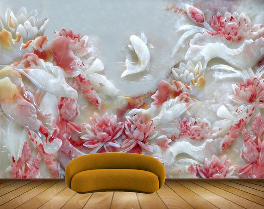 Avikalp MWZ0314 White Pink Flowers Fishes HD Wallpaper