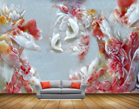 Avikalp MWZ0315 White Red Flowers Fishes HD Wallpaper