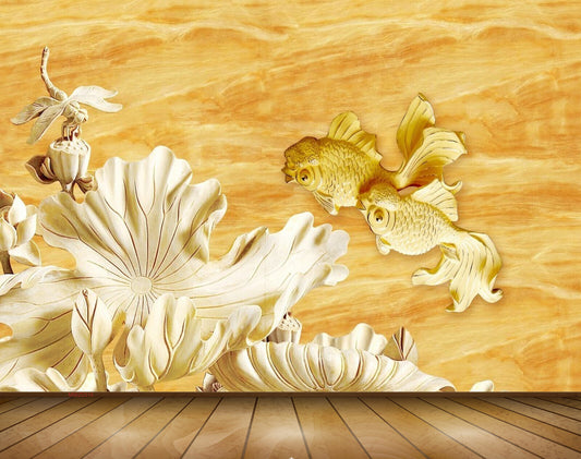 Avikalp MWZ0316 Yellow Fishes White Flowers Flies 3D HD Wallpaper
