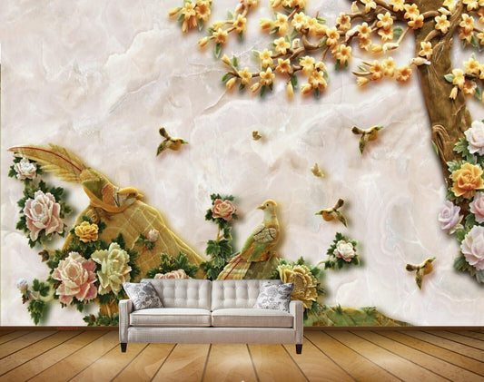 Avikalp MWZ0319 Yellow Pink Flowers Trees Birds HD Wallpaper