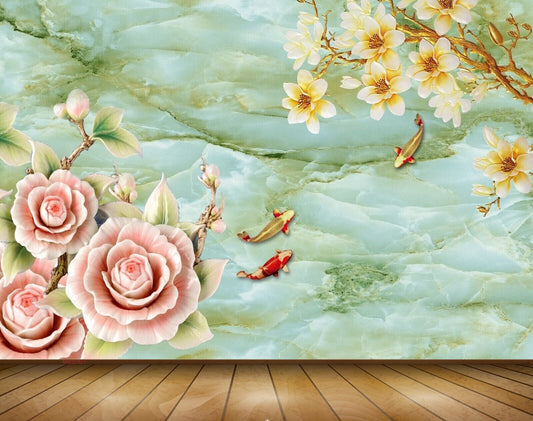 Avikalp MWZ0321 Peach Yellow Flowers Fishes 3D HD Wallpaper