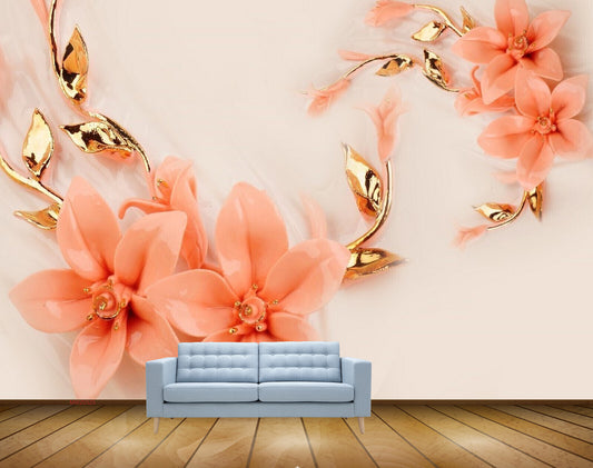 Avikalp MWZ0325 Peach Flowers Golden HD Wallpaper