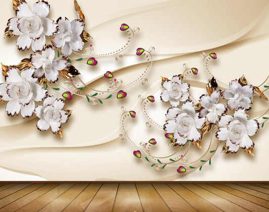 Avikalp MWZ0327 White Gold Flowers 3D HD Wallpaper