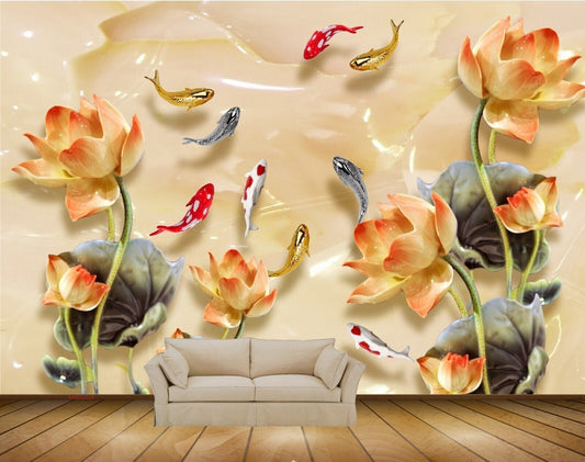 Avikalp MWZ0329 Orange Yellow Flowers Fishes HD Wallpaper