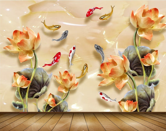 Avikalp MWZ0329 Orange Yellow Flowers Fishes 3D HD Wallpaper