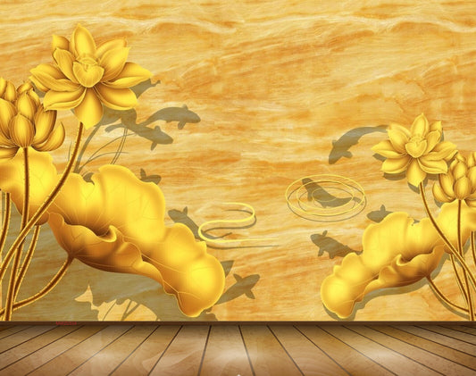Avikalp MWZ0334 Yellow Flowers River Fishes 3D HD Wallpaper
