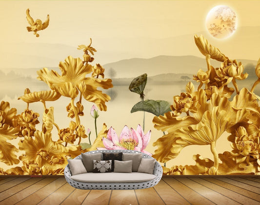 Avikalp MWZ0335 Pink Lotus Orange Flowers Sun Butterflies Birds HD Wallpaper