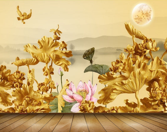 Avikalp MWZ0335 Pink Lotus Orange Flowers Sun Butterflies Birds 3D HD Wallpaper