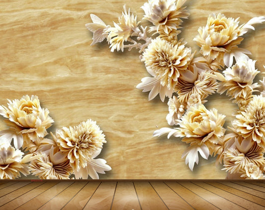 Avikalp MWZ0336 Yellow White Flowers Leaves Butterflies 3D HD Wallpaper