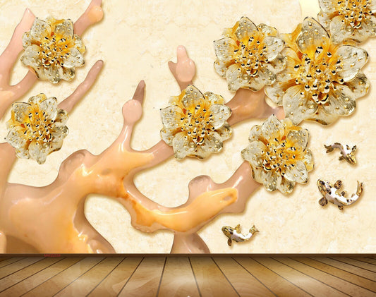 Avikalp MWZ0338 Yellow White FLowers Fishes 3D HD Wallpaper