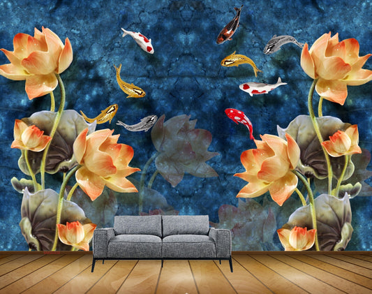 Avikalp MWZ0339 Orange Flowers Fishes HD Wallpaper