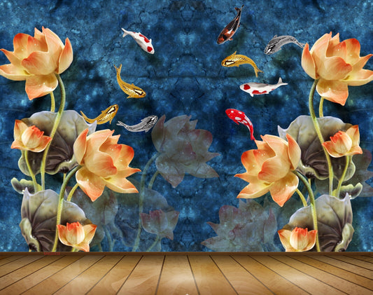 Avikalp MWZ0339 Orange Flowers Fishes 3D HD Wallpaper