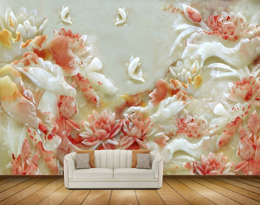 Avikalp MWZ0341 Red White Flowers Fishes HD Wallpaper