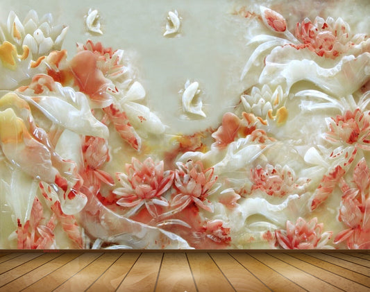 Avikalp MWZ0341 Red White Flowers Fishes 3D HD Wallpaper