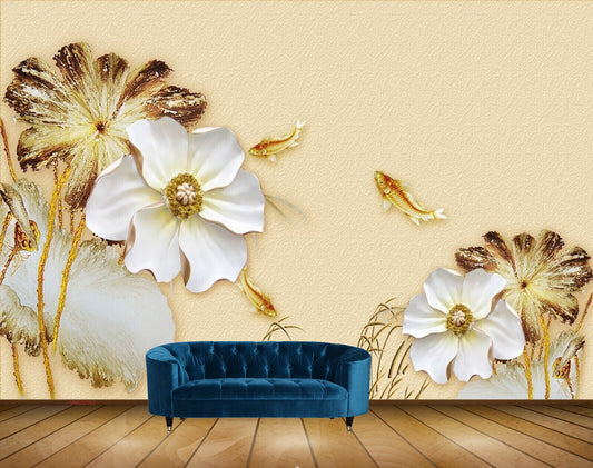 Avikalp MWZ0342 White Gold Flowers Fishes HD Wallpaper