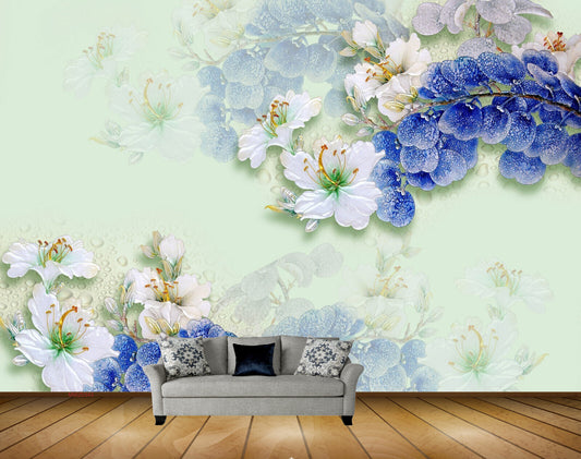 Avikalp MWZ0343 White Blue Flowers HD Wallpaper