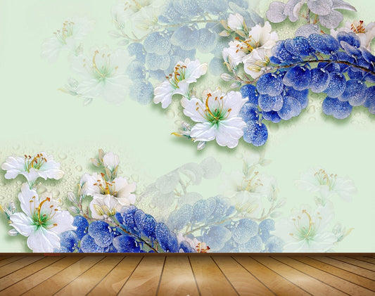 Avikalp MWZ0343 White Blue Flowers 3D HD Wallpaper